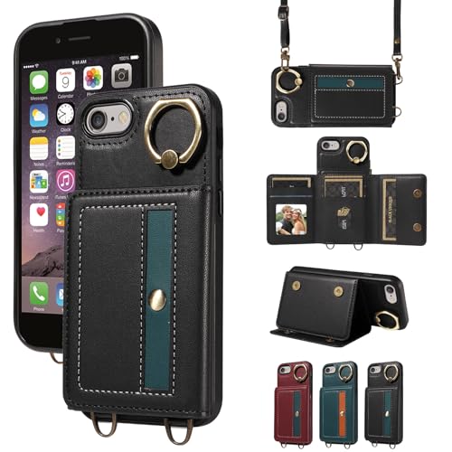 nancencen Hülle für iPhone 7 / iPhone 8 / SE 2020 2022 Handyhülle mit Band, Anti-Fingerabdruck Silikon Schutzhülle 360 Grad Drehring, Kartenfach, Zum Umhängen Leder Stoßfestes Case, Schwarz von nancencen
