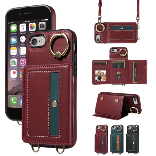 nancencen Hülle für iPhone 7 / iPhone 8 / SE 2020 2022 Handyhülle mit Band, Anti-Fingerabdruck Silikon Schutzhülle 360 Grad Drehring, Kartenfach, Zum Umhängen Leder Stoßfestes Case, WeinRot von nancencen