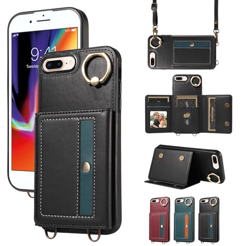nancencen Hülle für iPhone 7 Plus/iPhone 8 Plus Handyhülle mit Band, Anti-Fingerabdruck Silikon Schutzhülle 360 Grad Drehring, Kartenfach, Zum Umhängen Leder Stoßfestes Case, Schwarz von nancencen