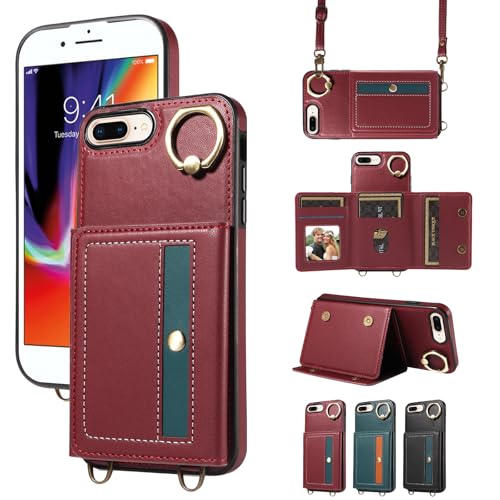 nancencen Hülle für iPhone 7 Plus/iPhone 8 Plus Handyhülle mit Band, Anti-Fingerabdruck Silikon Schutzhülle 360 Grad Drehring, Kartenfach, Zum Umhängen Leder Stoßfestes Case, WeinRot von nancencen
