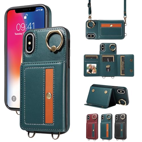 nancencen Hülle für iPhone X/iPhone XS (5.8") Handyhülle mit Band, Anti-Fingerabdruck Silikon Schutzhülle 360 Grad Drehring, Kartenfach, Zum Umhängen Leder Stoßfestes Case, Blau von nancencen