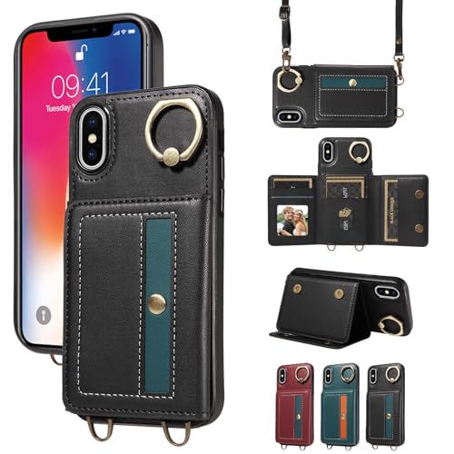 nancencen Hülle für iPhone X/iPhone XS (5.8") Handyhülle mit Band, Anti-Fingerabdruck Silikon Schutzhülle 360 Grad Drehring, Kartenfach, Zum Umhängen Leder Stoßfestes Case, Schwarz von nancencen