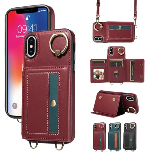 nancencen Hülle für iPhone X/iPhone XS (5.8") Handyhülle mit Band, Anti-Fingerabdruck Silikon Schutzhülle 360 Grad Drehring, Kartenfach, Zum Umhängen Leder Stoßfestes Case, WeinRot von nancencen