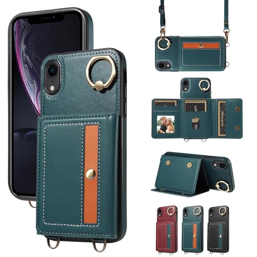 nancencen Hülle für iPhone XR (6.1") Handyhülle mit Band, Anti-Fingerabdruck Silikon Schutzhülle 360 Grad Drehring, Kartenfach, Zum Umhängen Leder Stoßfestes Case, Blau von nancencen