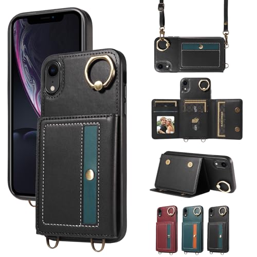 nancencen Hülle für iPhone XR (6.1") Handyhülle mit Band, Anti-Fingerabdruck Silikon Schutzhülle 360 Grad Drehring, Kartenfach, Zum Umhängen Leder Stoßfestes Case, Schwarz von nancencen