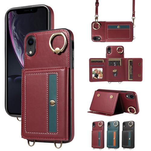 nancencen Hülle für iPhone XR (6.1") Handyhülle mit Band, Anti-Fingerabdruck Silikon Schutzhülle 360 Grad Drehring, Kartenfach, Zum Umhängen Leder Stoßfestes Case, WeinRot von nancencen