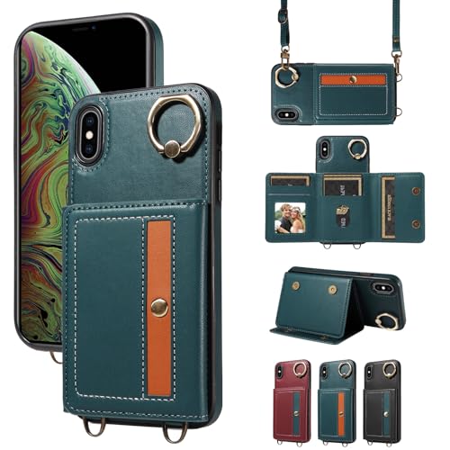 nancencen Hülle für iPhone XS Max (6.5") Handyhülle mit Band, Anti-Fingerabdruck Silikon Schutzhülle 360 Grad Drehring, Kartenfach, Zum Umhängen Leder Stoßfestes Case, Blau von nancencen