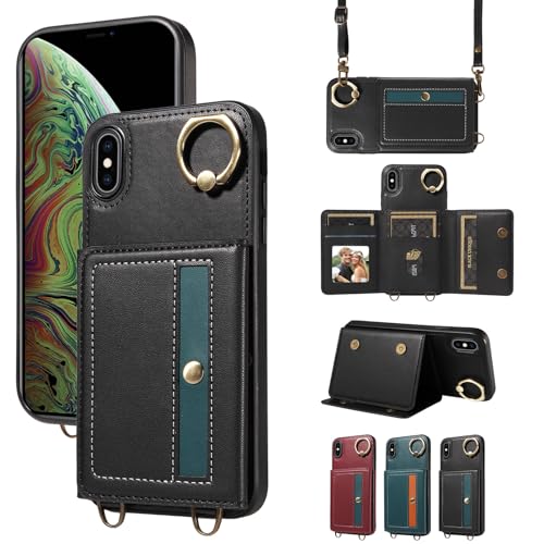 nancencen Hülle für iPhone XS Max (6.5") Handyhülle mit Band, Anti-Fingerabdruck Silikon Schutzhülle 360 Grad Drehring, Kartenfach, Zum Umhängen Leder Stoßfestes Case, Schwarz von nancencen
