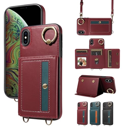 nancencen Hülle für iPhone XS Max (6.5") Handyhülle mit Band, Anti-Fingerabdruck Silikon Schutzhülle 360 Grad Drehring, Kartenfach, Zum Umhängen Leder Stoßfestes Case, WeinRot von nancencen