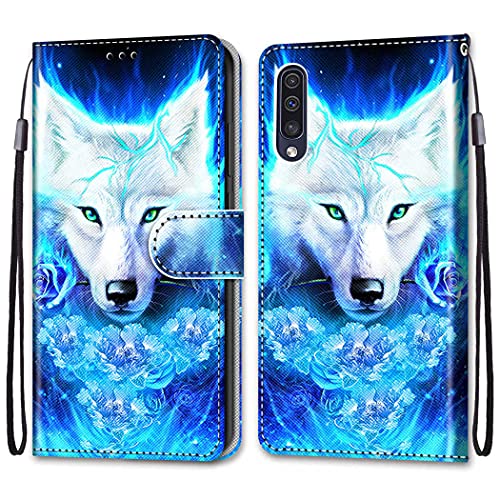 nancencen Kompatibel mit Samsung Galaxy A50 Handyhülle, PU Leder Flip Cover Wallet Hülle (Anti-Fall) Anwendbar Samsung Galaxy A50 - Weißer Wolf von nancencen