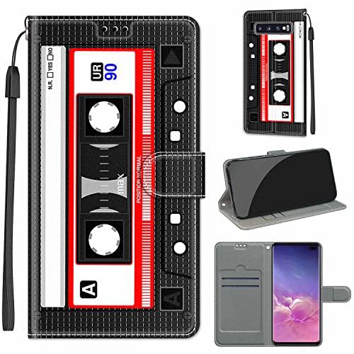 nancencen Kompatibel mit Samsung Galaxy S10+ / S10 Plus Hülle, Retro Persönlichkeit Dünne Handyhülle, Mit Magnetschnalle und 2 Kartenfächern, Mode Flip Cover Schutzhülle - Kassette von nancencen