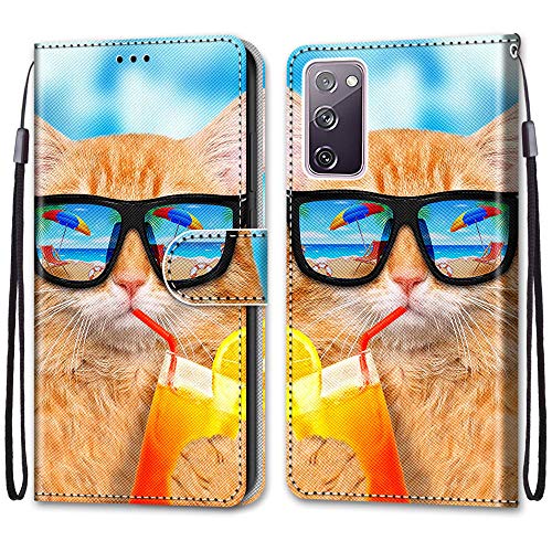 nancencen Kompatibel mit Samsung Galaxy S20 FE 5G / S20 FE Lite Handyhülle, PU Leder Flip Cover Wallet Hülle (Anti-Fall) - Brille Katze von nancencen