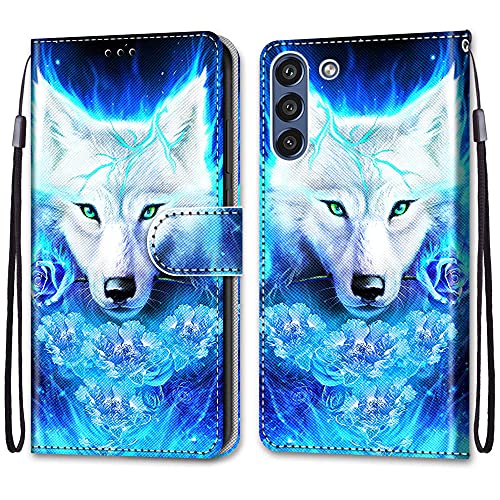 nancencen Kompatibel mit Samsung Galaxy S21 FE Handyhülle, PU Leder Flip Cover Wallet Hülle (Anti-Fall) Anwendbar Samsung Galaxy S21 FE - Weißer Wolf von nancencen