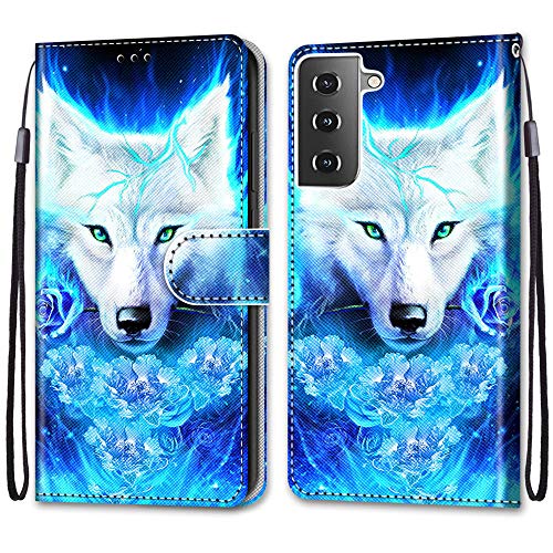 nancencen Kompatibel mit Samsung Galaxy S21 Handyhülle, PU Leder Flip Cover Wallet Hülle (Anti-Fall) Anwendbar Samsung Galaxy S21 - Weißer Wolf von nancencen