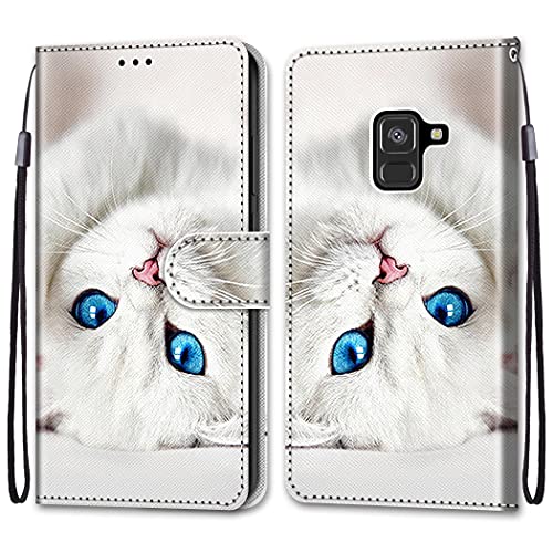 nancencen Kompatibel mit Samsung Galaxy SM-A530F / A8 2018 Handyhülle, PU Leder Flip Cover Wallet Hülle (Anti-Fall) - Weißes Kätzchen von nancencen