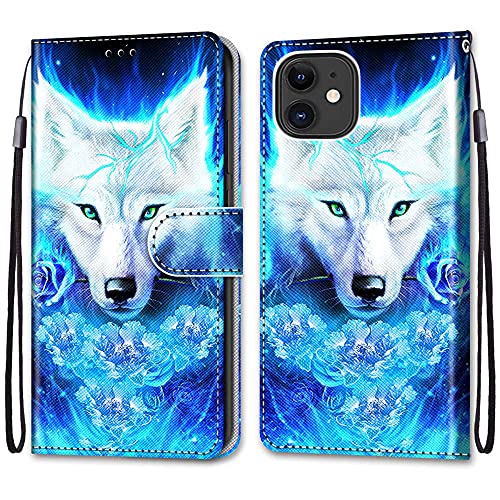 nancencen Kompatibel mit iPhone 12 Mini (5.4") Handyhülle, PU Leder Flip Cover Wallet Hülle (Anti-Fall) Anwendbar iPhone 12 Mini (5.4") - Weißer Wolf von nancencen