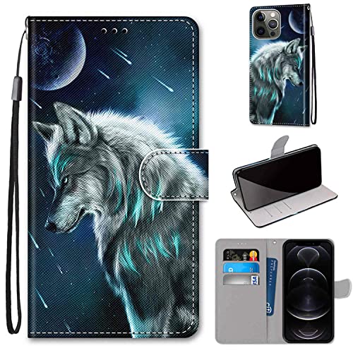 nancencen Kompatibel mit iPhone 13 Pro (6.1") Handyhülle, PU Leder Flip Cover Wallet Hülle (Anti-Fall) für iPhone 13 Pro (6.1") - Schwarzer Wolf von nancencen