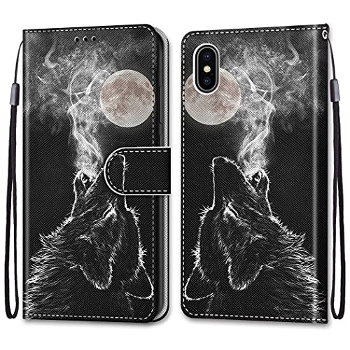 nancencen Kompatibel mit iPhone X/iPhone XS (5.8") Hülle,Wallet (Karten Slot) Schutzhülle PU Leder Flip Cover TPU Magnetische Handyhülle - Schwarzer Wolf von nancencen