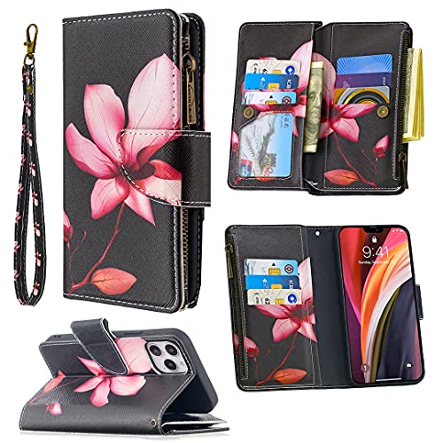 nancencen für iPhone 12 / iPhone 12 Pro (6.1") Handyhülle, Stoßfeste Etui Premium Druck PU Lederhülle Reißverschluss Portemonnaie Stil Flip Cover Schutzhülle - Lotus von nancencen