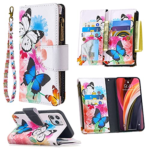 nancencen für iPhone 12 / iPhone 12 Pro (6.1") Handyhülle, Stoßfeste Etui Premium Druck PU Lederhülle Reißverschluss Portemonnaie Stil Flip Cover Schutzhülle - Weißer Schmetterling von nancencen