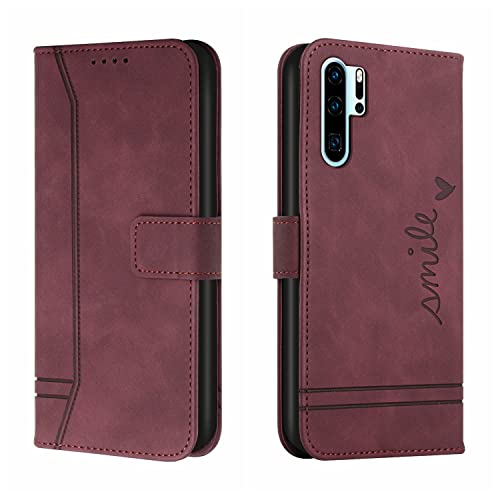 nancencen kompatibel mit (Huawei P30 Pro) Hülle, Premium PU Leder Flip Wallet Handyhülle, [Kartenschlitzen-Magnetverschluss] Anti-Kratzer Stoßfest Schutzhülle, Wein Rot von nancencen