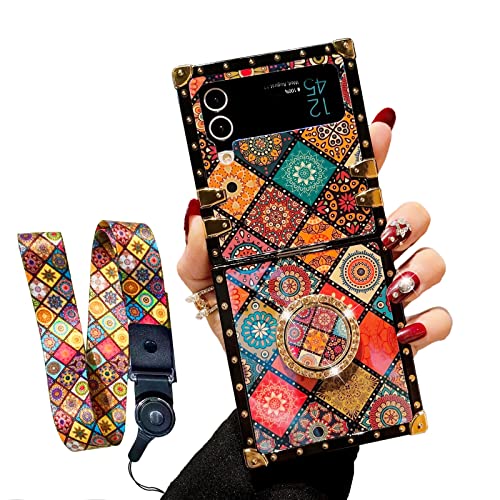 nancheng Schutzhülle für Samsung Galaxy Z Flip 3 (2021) mit Ringständer, Umhängeband, niedliches Retro-Blumenmuster, metallverstärkte Ecken, stoßfeste Schutzhülle – Mandala von nancheng