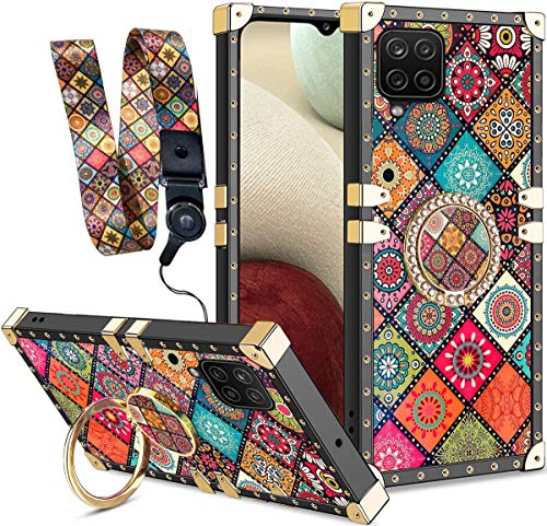 Samsung Galaxy A12 5G Hülle mit Ring Ständer Halter Square Edge Rivet Crystal Elegant Weich TPU Strass Verstärkte Ecke Stoßdämpfend Schutz für Samsung A12 5G (Mandala) von nancheng