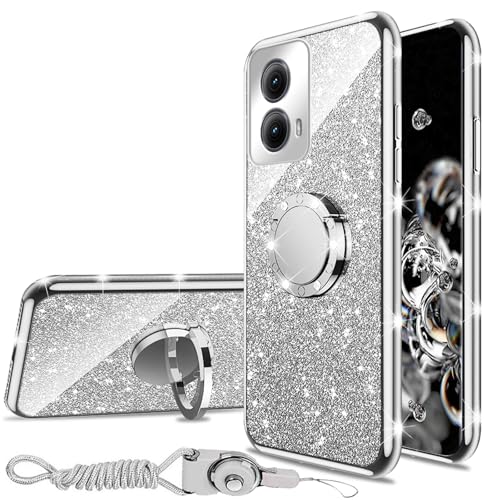 Schutzhülle für Motorola Moto Edge 5G 2024, 16,8 cm (6,6 Zoll), mit Ringständer, Umhängeband, weich, TPU, Glitzer, stoßfest, für Mädchen, Damen, Herren, niedlich, weich, glitzernd, silberfarben von nancheng