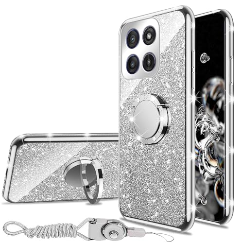 Schutzhülle für Motorola Moto Edge 5G 2025, 16,8 cm (6,6 Zoll), mit Ringständer, Umhängeband, weich, TPU, Glitzer, stoßfest, für Mädchen, Damen, Herren, niedlich, weich, glitzernd, silberfarben von nancheng