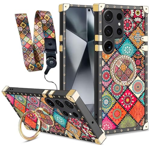 Schutzhülle für Galaxy S24 Ultra mit Ringständer, Blume, Retro-Muster, Metall, verstärkte Ecken, stoßfest, für Mädchen und Frauen, niedliche Handyhülle für Samsung Galaxy S24 Ultra (6,8 Zoll) von nancheng