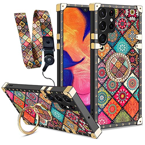 nancheng Schutzhülle für Samsung Galaxy S22 Ultra (6,8 Zoll) Mädchen und Frauen, niedliche Handyhülle mit Ringständer, Retro-Mandala-Blumenmuster, metallverstärkt, stoßfest, Schutzhülle von nancheng