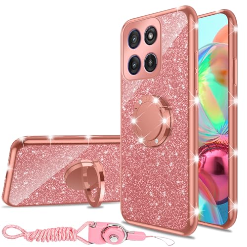 nancheng Schutzhülle für Motorola Moto Edge 5G 2025, 16,8 cm (6,6 Zoll), niedlich, Glitzer, luxuriös, weiches Silikon, transparent, mit Ringständer, Trageband, stoßfest, Roségold von nancheng