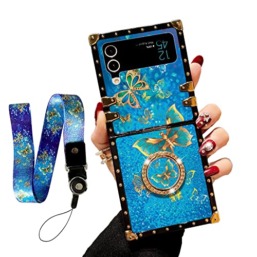 nancheng Schutzhülle für Samsung Galaxy Z Flip 3 5G Square (2021): Mädchen und Frauen, niedliches modisches Muster, Handyhülle mit Ring-Ständer, Trageband, stoßfeste Schutzhülle, Schmetterlingsblau von nancheng