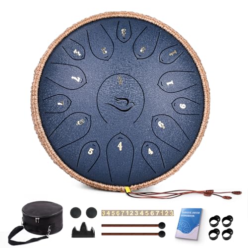 Steel Tongue Drum, 12 Zoll 15 Note Tongue Drums, Handpan Drums Percussion Instrument für Kinder & Erwachsene, Hand Pan Drum mit Notenbuch, Schlagzeug Schlägel und Tragetasche, Dur C (Marineblau) von natraldrum