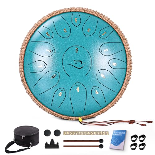 Steel Tongue Drum, 12 Zoll 15 Note Tongue Drums, Handpan Drums Percussion Instrument für Kinder & Erwachsene, Hand Pan Drum mit Notenbuch, Schlagzeug Schlägel und Tragetasche, Dur C (Malachitgrün) von natraldrum