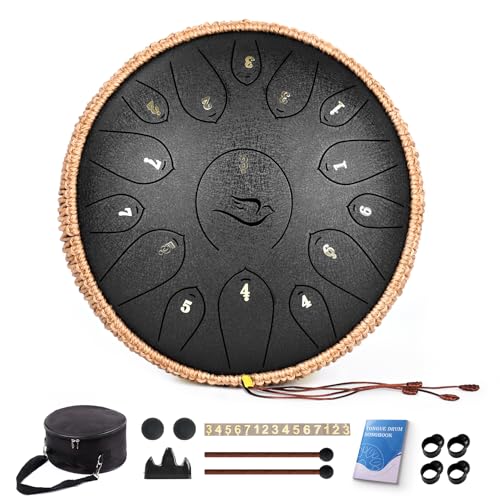 Steel Tongue Drum, 12 Zoll 15 Note Tongue Drums, Handpan Drums Percussion Instrument für Kinder & Erwachsene, Hand Pan Drum mit Notenbuch, Schlagzeugschlägel und Tragetasche, Dur C (Schwarz) von natraldrum