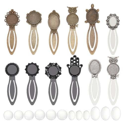 NBEADS 12 Sets Tibetischer Stil Lesezeichen Anhänger Tablett Set, Einschließlich 12 Stk. Lesezeichen Cabochon Tabletts und 12 Stk. Transparente Glaskuppeln für DIY Craft Lesezeichen Machen von nbeads