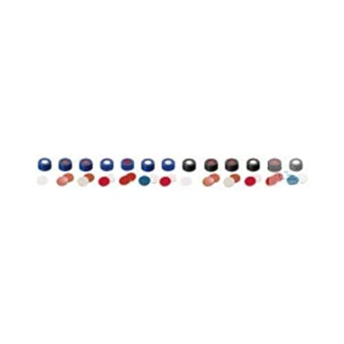 neochrom Polypropylen Schraubkappe mit Kurzgewinde 9-425 und 6mm Loch, ND9, Silikon Weiß/PTFE Rot Septum, Geschlitzt, Blau, 1mm Dicke, 100 Stück von neochrom