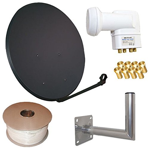 HD Sat Anlage 80cm Spiegel + Quad LNB für 4 Teilnehmer + 50m Kabel + 40cm Wandhalter (3 Farben wählbar) von netshop 25