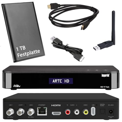 HD Twin SAT Receiver - Imperial i7 mit 1 TB Festplatte und W-LAN Stick (PVR, USB, LAN, W-LAN, HDMI) Full HDTV, Internetradio, Mediacenter, SAT IP Server, Bluetooth 5.1, netshop 25 Set von netshop 25