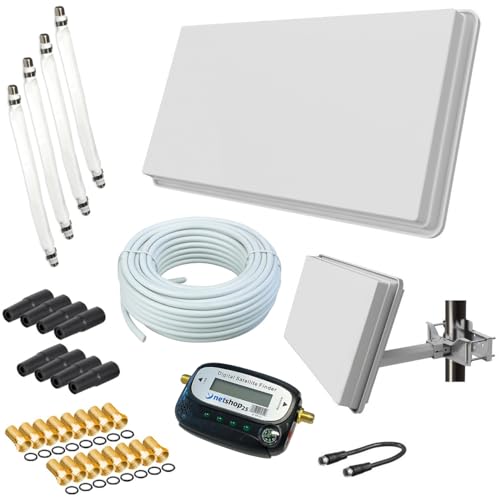 Selfsat H30D4+ Sat Flachantenne Quad mit Fensterhalterung + Sat-Finder + 50m Kabel + netshop 25 Anschluss Set (HD Sat Anlage für 4 Teilnehmer) von netshop 25