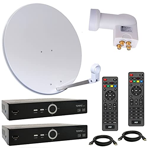 netshop 25 HD Sat Anlage 80 cm Spiegel + Opticum Quad LNB für 4 Teilnehmer + 2 Stück HD SAT Receiver (3 Farben wählbar) von netshop 25