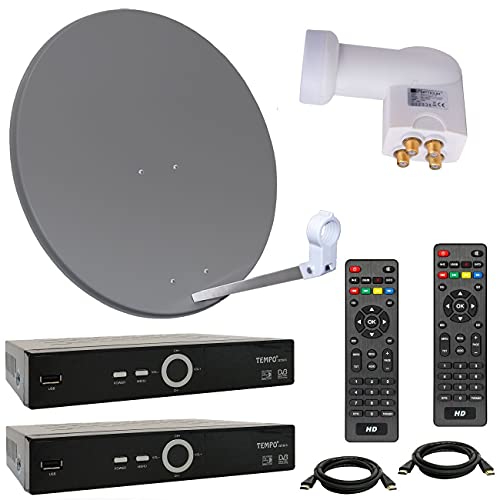 netshop 25 HD Sat Anlage 80 cm Spiegel + Opticum Quad LNB für 4 Teilnehmer + 2 Stück HD SAT Receiver (3 Farben wählbar) von netshop 25