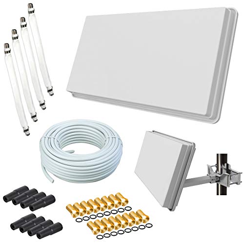 Sat Flachantenne Quad H30D4 + SAT-Finder + 50m Kabel + netshop 25 Anschluss Set (4 Fensterdurchführung + 16 F-Stecker + 8 Wetterschutztüllen) von netshop 25
