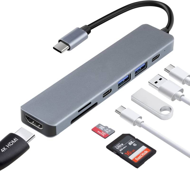 neue dawn Laptop-Dockingstation 7 Port USB C Hub 4K HDMI 85W PD für iPhone Samsung iPad Adapter, (85W Schnellaufladung) von neue dawn
