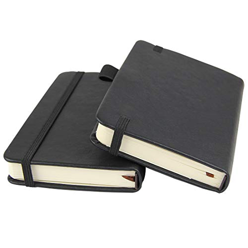 Notizbuch, 8,9 x 14 cm, kleines Hardcover-Tagebuch mit Stifthalter, Innentaschen, 100 g/m² dickes, liniertes Papier, Schwarz, 2 Stück von newestor