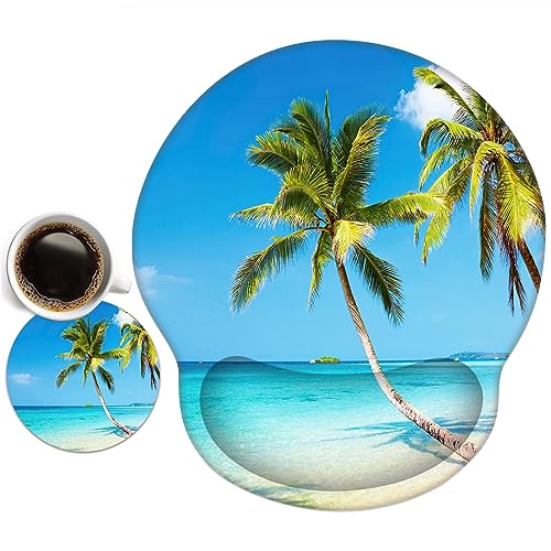 newplenty Mauspad,Mousepad Mit Handauflage, Mauspad Mit Gelkissen,Ergonomisches Mousepads Mit Untersetzer für Computer, Laptop (Strand und Kokospalmen) von newplenty