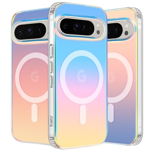 Hülle für Google Pixel 9 & Pixel 9 Pro Kompatibel mit MagSafe, Magnetische HandyHülle Irisierend Farbverlauf Case Kratzfeste Rückseite Durchscheinende Matt Schutzhülle, Holografisch von nicekool