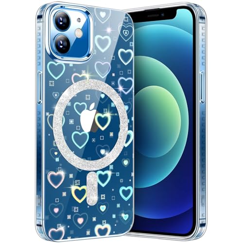 Hülle für iPhone 12/12 Pro 6,1 Zoll Kompatibel mit MagSafe, Transparent Glitzer Love Herzen Magnetische HandyHülle Case Schutzhülle Leicht Dünn Kratzfeste Rückseite, Fluoreszierend Crystal Klar von nicekool