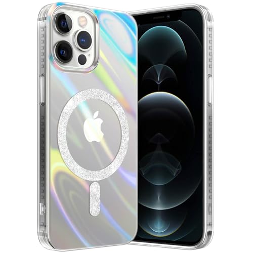 Hülle für iPhone 12 Pro Max Kompatibel mit MagSafe, Magnetische HandyHülle Case für iPhone 12 Pro Max Schutzhülle Kratzfeste Rückseite Transparenter Laser Regenbogen, Schillernd Fluoreszierend Klar von nicekool